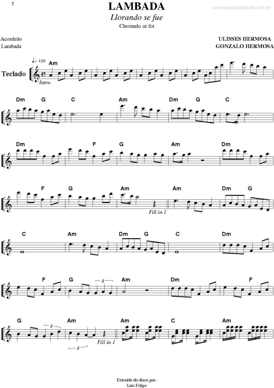 Partitura da música Chorando se foi (lambada)