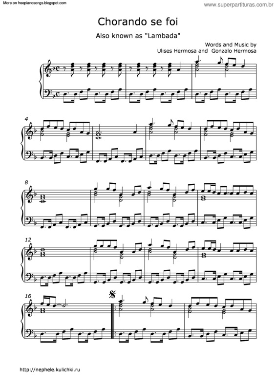 Partitura da música Chorando Se Foi Lambada