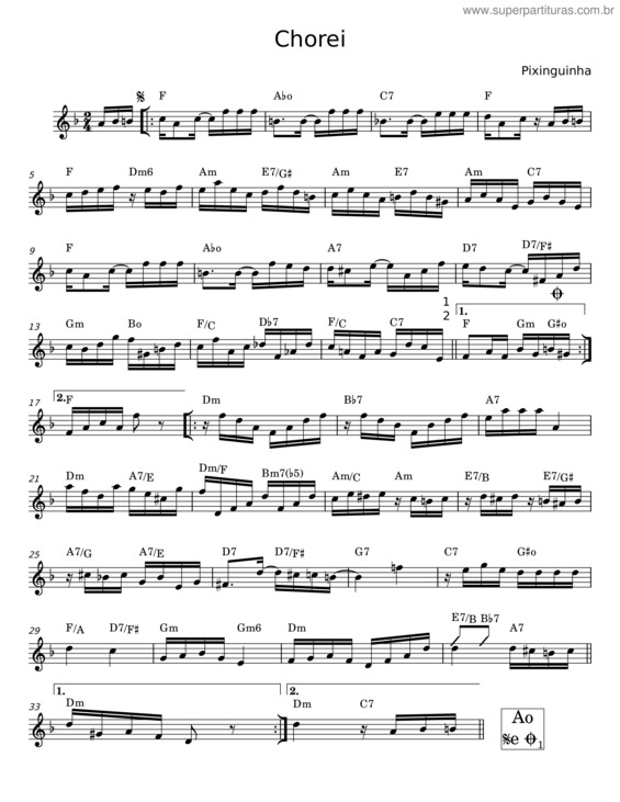 Partitura da música Chorei – Pixinguinha