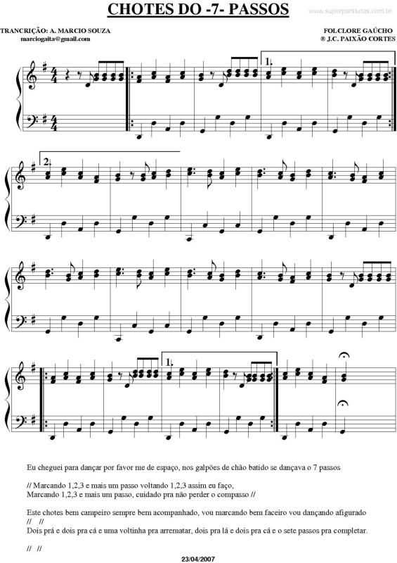 Partitura da música Chote dos sete passos