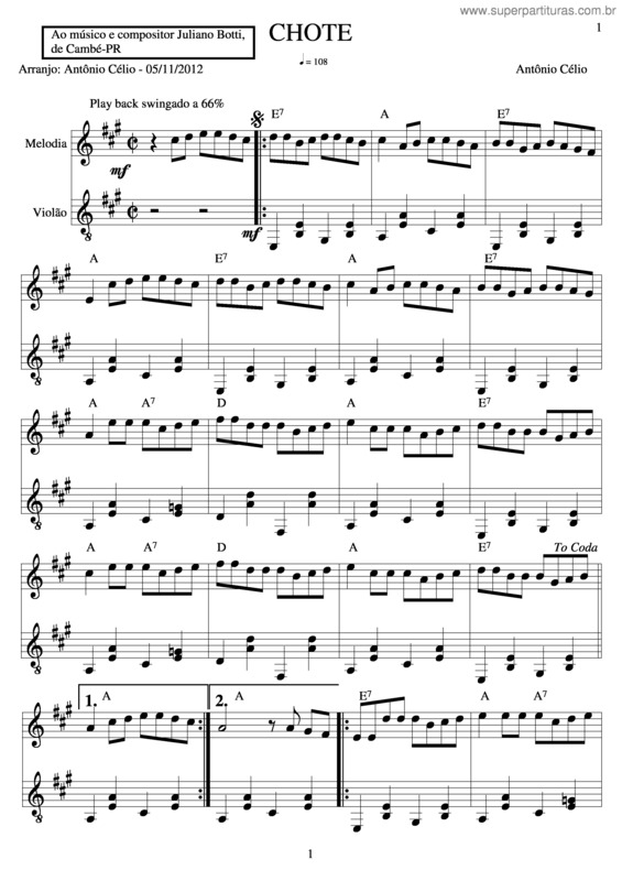 Partitura da música Chote