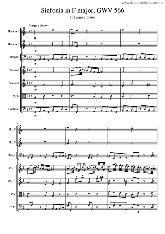 Partitura da música Christoph Graupner – Sinfonia In F Major, Gwv 566 Ii.Largo E Piano