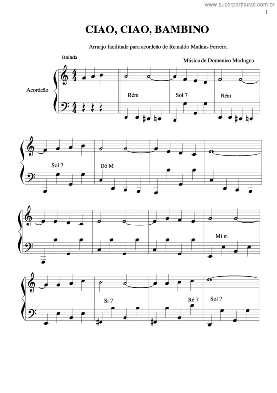 Partitura da música Ciao, Ciao, Bambino