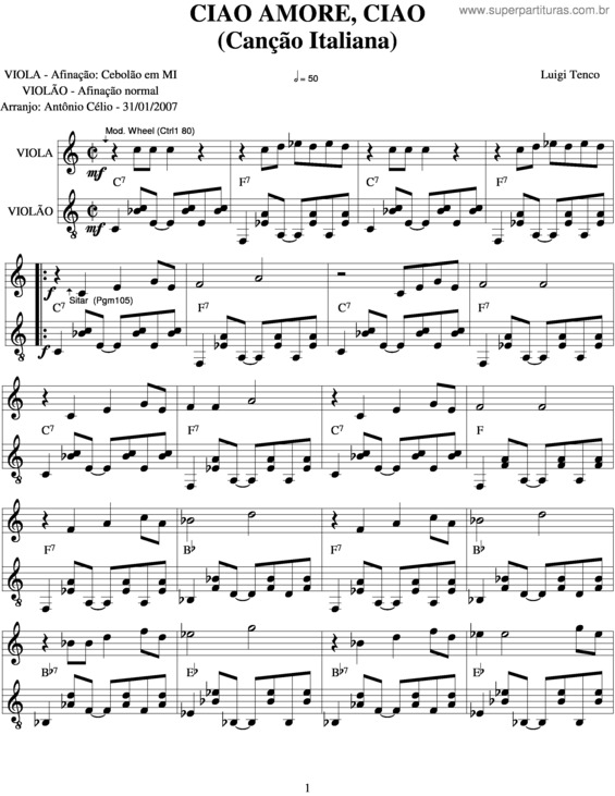 Partitura da música Ciao Amore Ciao