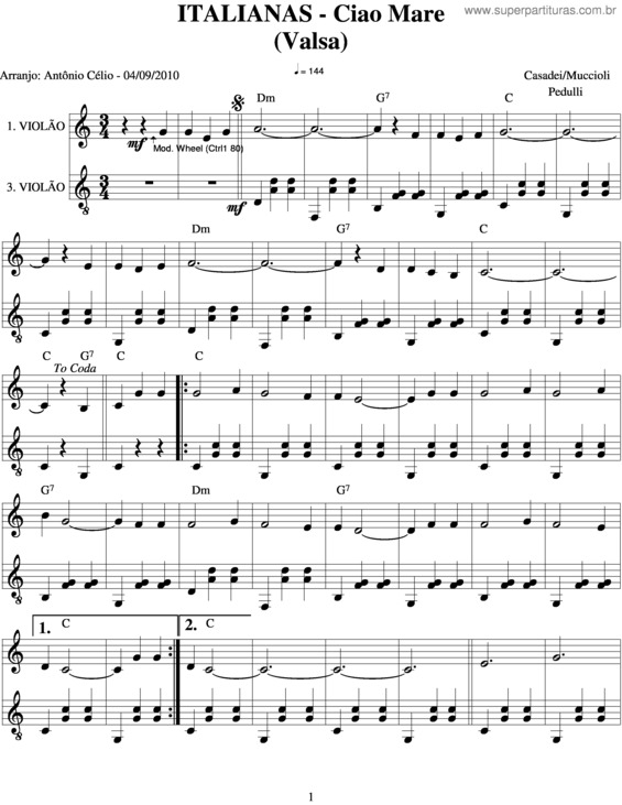 Partitura da música Ciao Mare