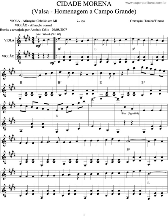 Partitura da música Cidade Morena