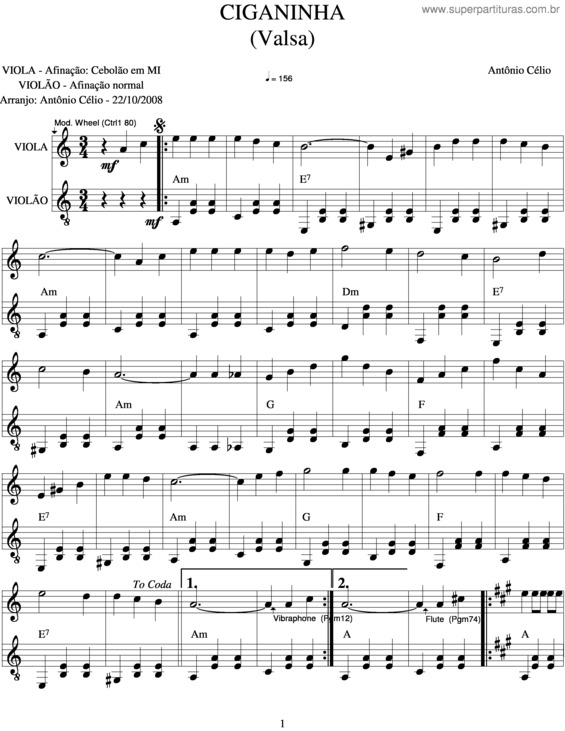 Partitura da música Ciganinha