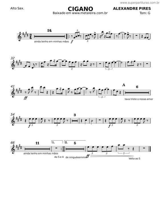 Partitura da música Cigano – Alexandre Pires