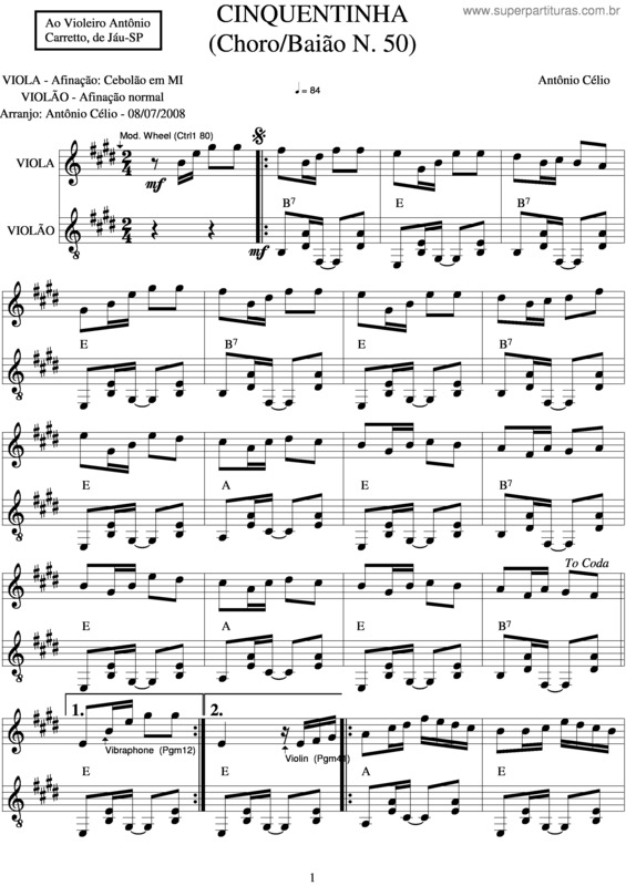 Partitura da música Cinquentinha