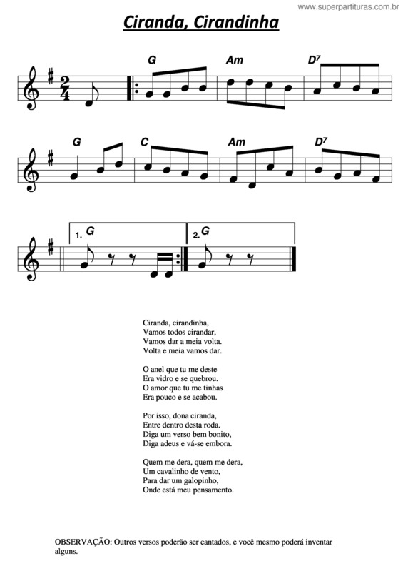 Partitura da música Ciranda, Cirandinha v.2