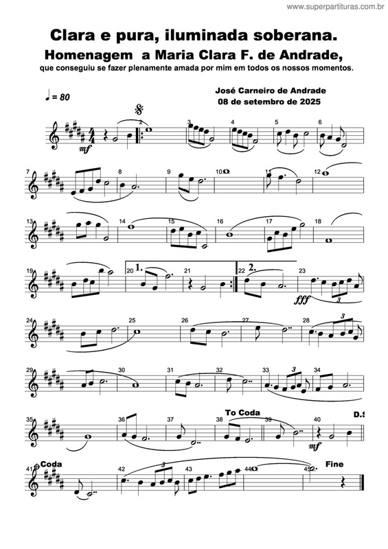 Partitura da música Clara E Pura, Iluminada Soberana. Homenagem A Maria Clara F. De Andrade