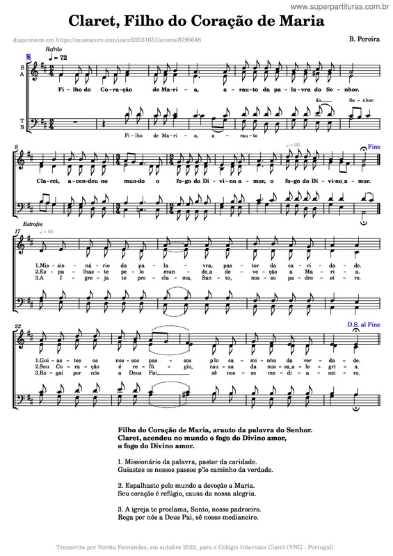 Partitura da música Claret, Filho Do Coração De Maria