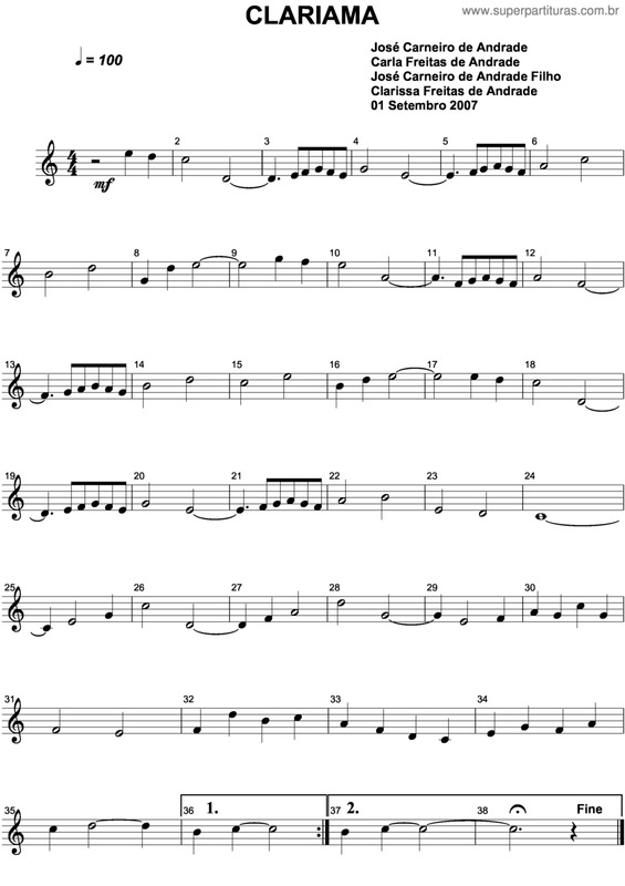 Partitura da música Clariama