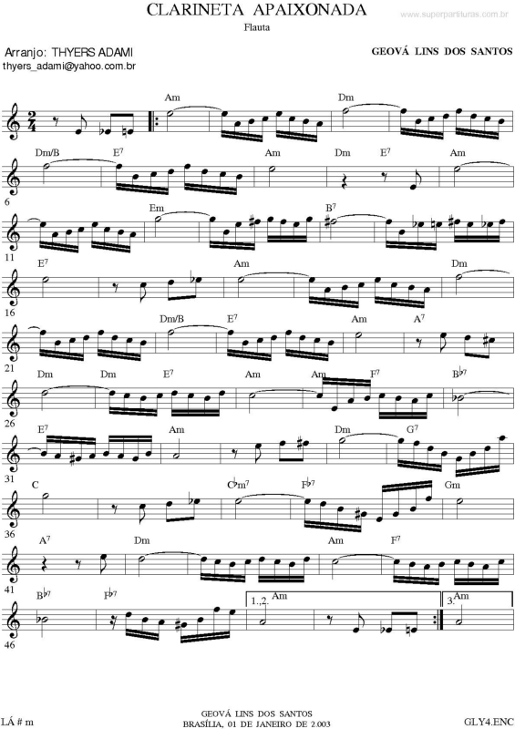 Partitura da música Clarineta Apaixonada