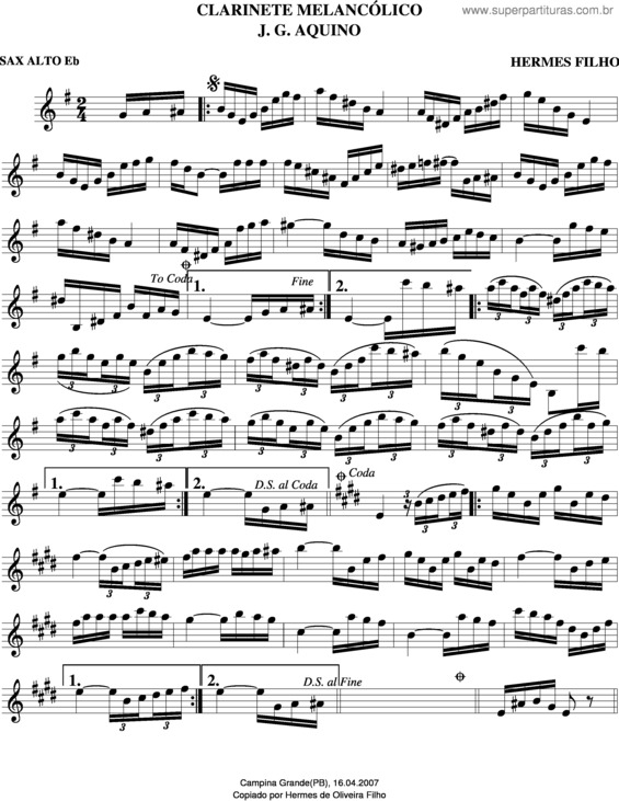 Partitura da música Clarinete Melancólico