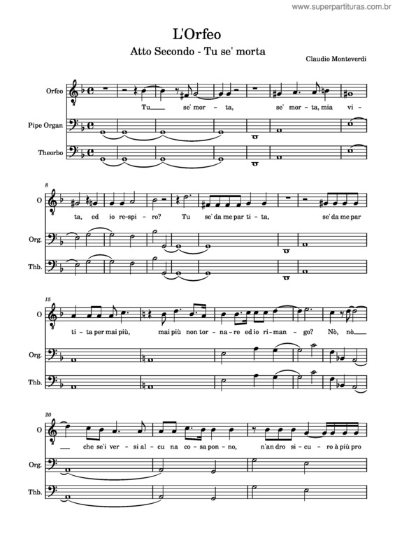Partitura da música Claudio Monteverdi – L`Orfeo – Atto Ii – Tu Se` Morta