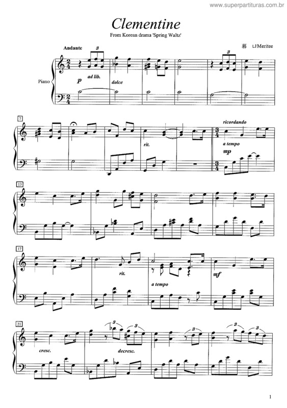 Partitura da música Clementine