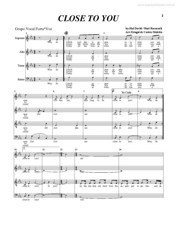 Partitura da música Close To You (They Long To Be) v.3