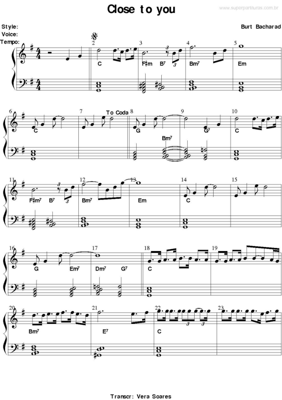 Partitura da música Close to You v.3