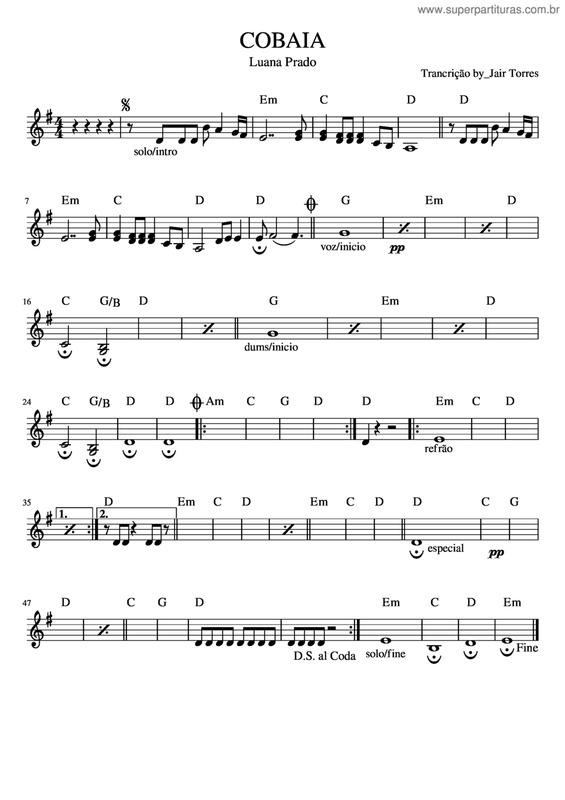 Partitura da música Cobaia