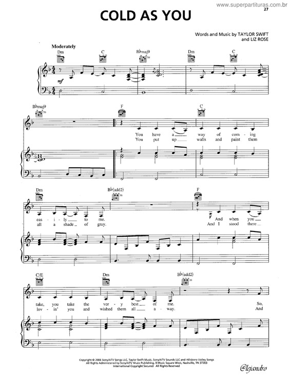 Partitura da música Cold as you v.2