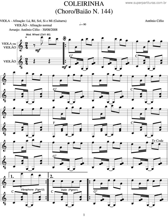 Partitura da música Coleirinha