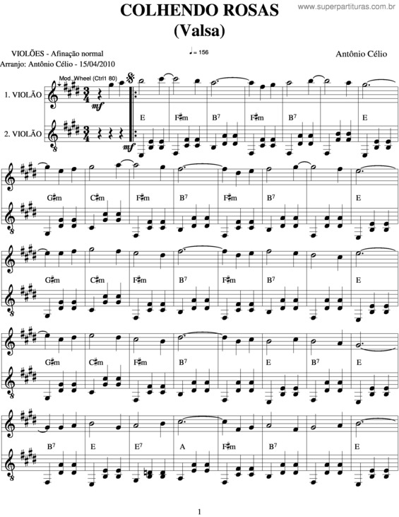 Partitura da música Colhendo Rosas v.2