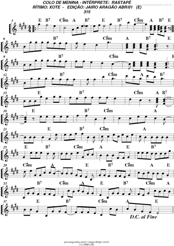 Partitura da música Colo de menina