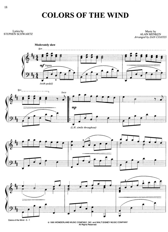 Partitura da música Colors of the Wind (Tema Pocahontas)