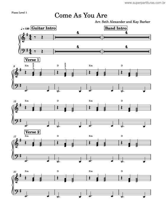 Partitura da música Come As You Are – Nirvana – Piano Level 1