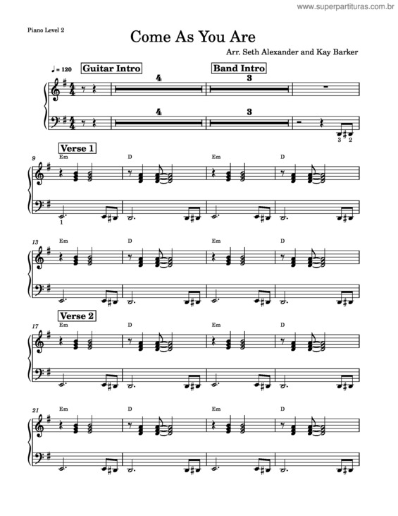 Partitura da música Come As You Are – Nirvana – Piano Level 2
