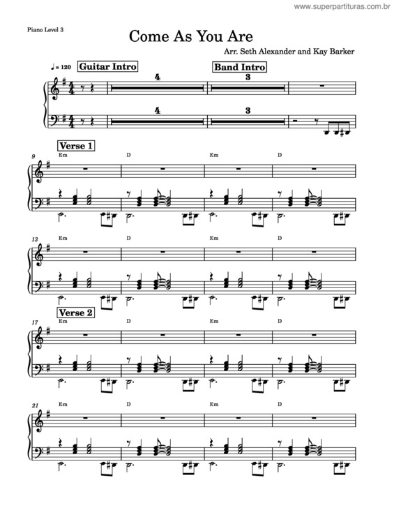Partitura da música Come As You Are – Nirvana – Piano Level 3