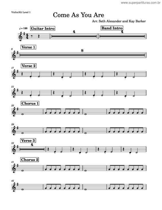 Partitura da música Come As You Are – Nirvana – Violin/Alt Level 1