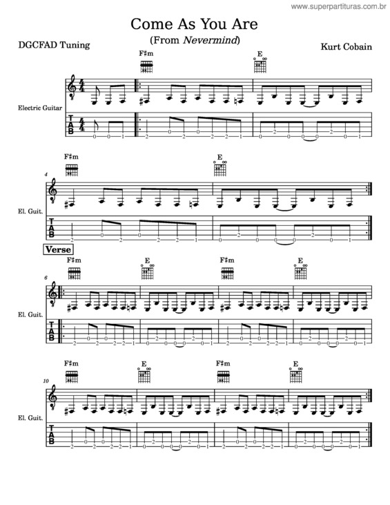 Partitura da música Come As You Are – Nirvana v.2