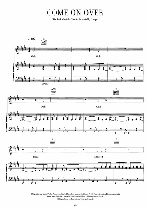 Partitura da música Come On Over v.2