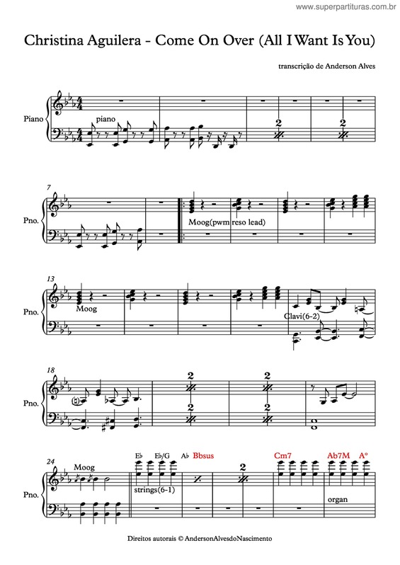 Partitura da música Come On Over