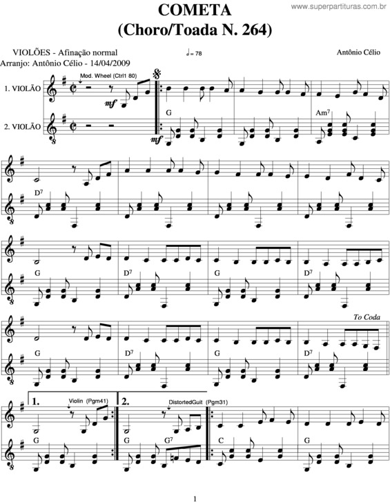 Partitura da música Cometa