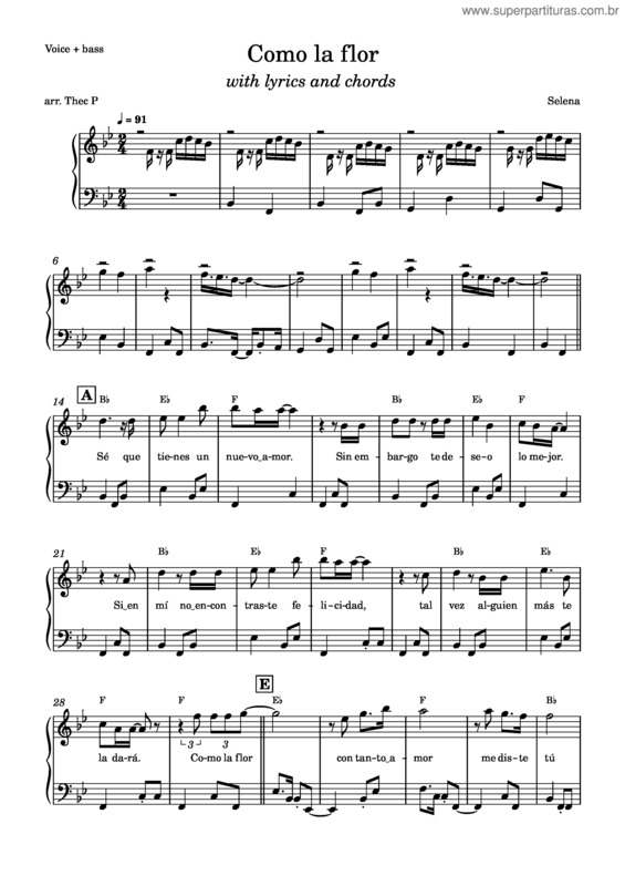 Partitura da música Como La Flor – Selena Quintanilla