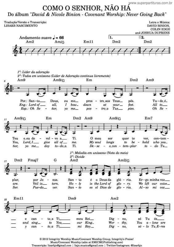 Partitura da música Como O Senhor Não Há – David Binion, Colin Edge E Joshua Dufrene