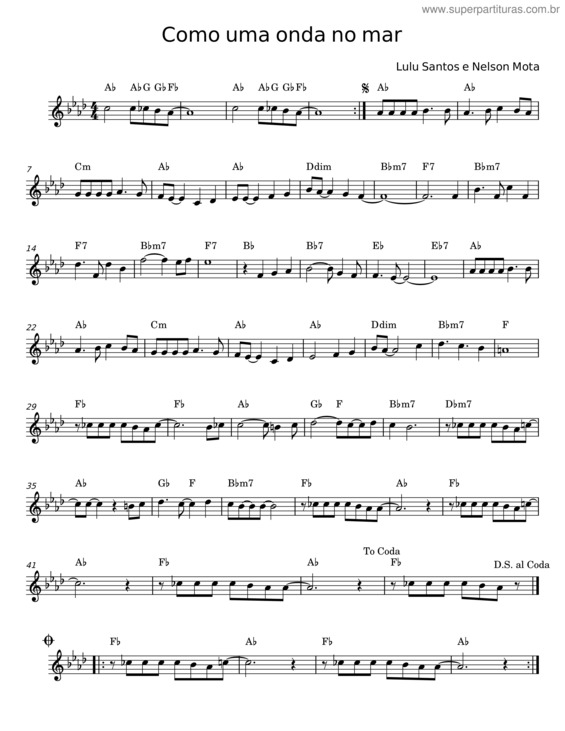 Partitura da música Como Uma Onda No Mar – Lulu Santos