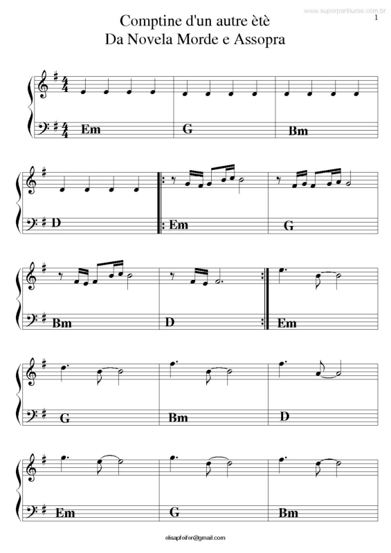 Partitura da música Comptine d`un autre ètè Da Novela Morde e Assopra