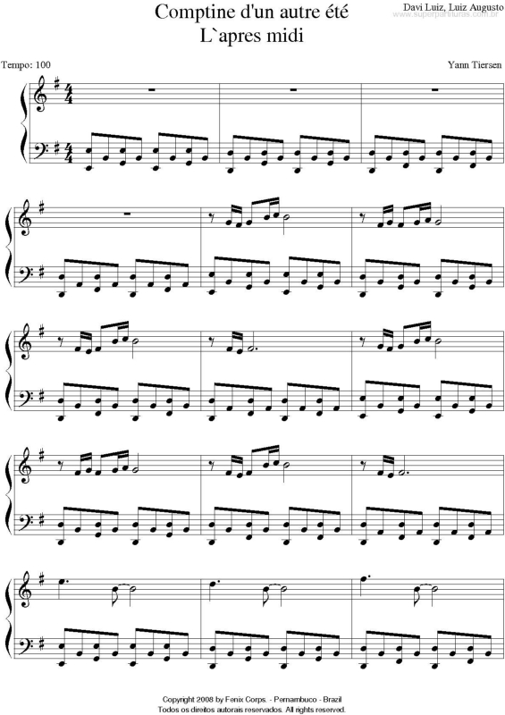 Partitura da música Comptine D`un Autre Été