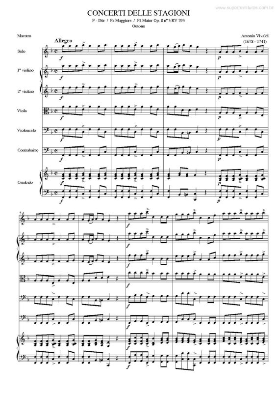 Partitura da música Concerti Delle Stagioni - Outono (Fá Maior Op. 8 n. 3 RV 293)