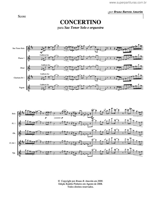 Partitura da música Concertino para sax tenor e orquestra