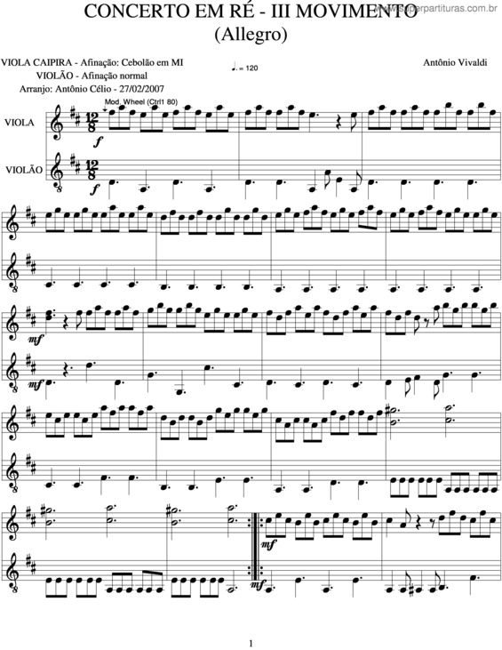 Partitura da música Concerto Em Re v.2