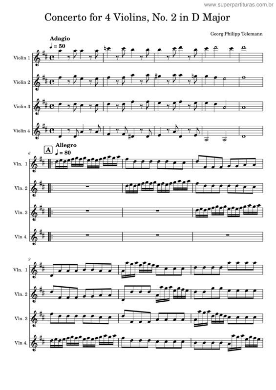 Partitura da música Concerto For 4 Violins No 2 In D Major – Telemann