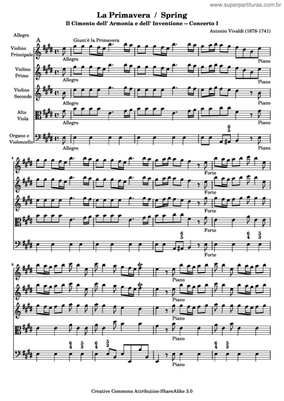 Partitura da música Concerto No. 1 `La primavera` v.2
