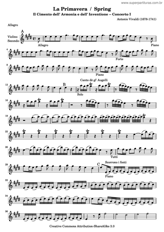 Partitura da música Concerto No. 1 `La primavera` v.3