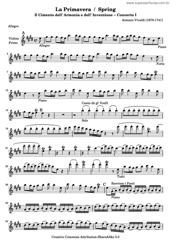 Partitura da música Concerto No. 1 `La primavera` v.4