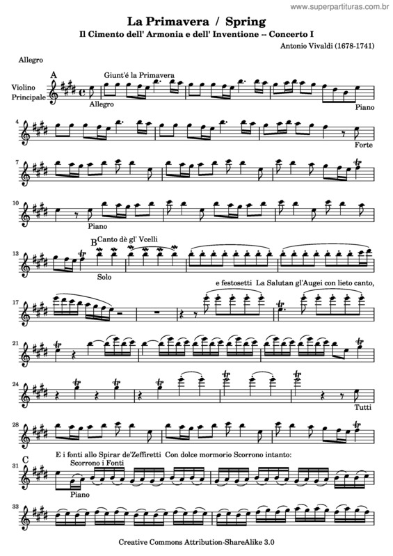 Partitura da música Concerto No. 1 `La primavera`